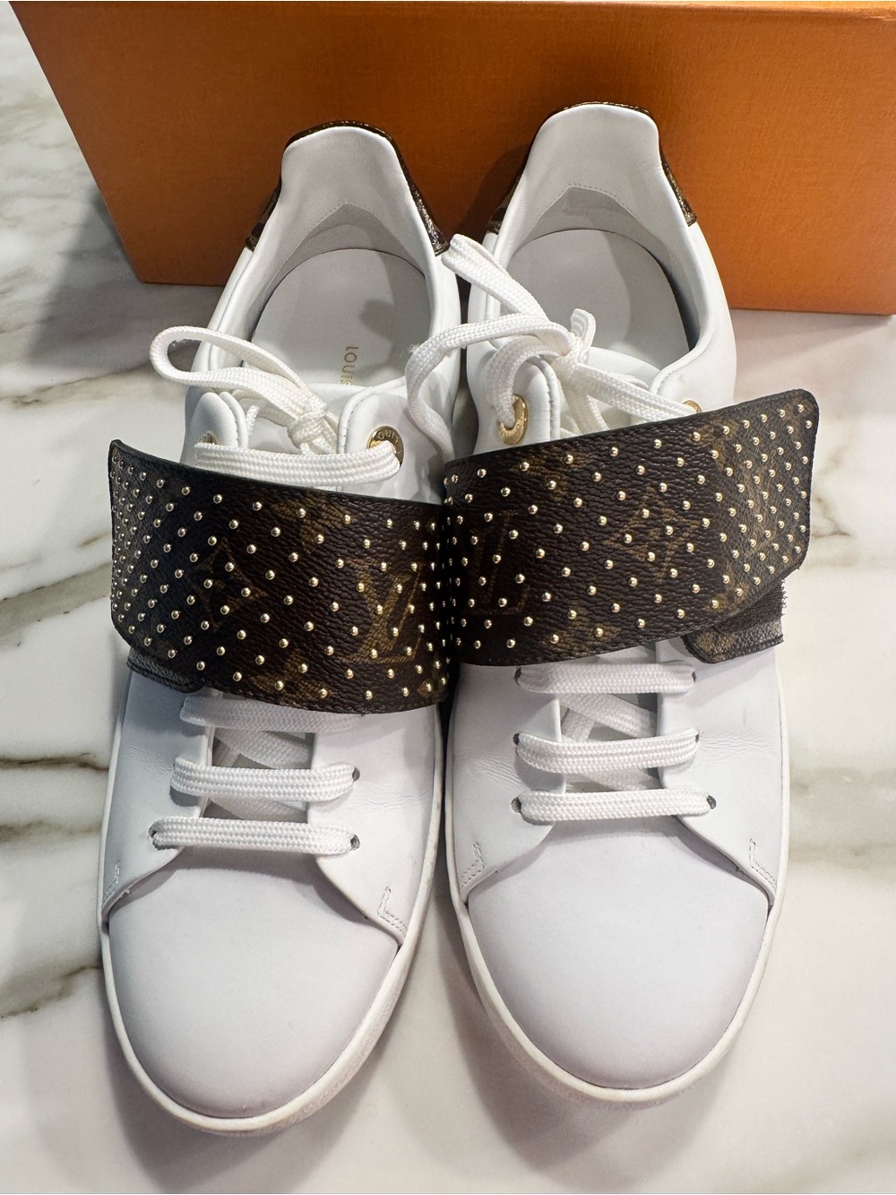 Louis Vuitton White Leather Sneakers with Studded Brown Strap